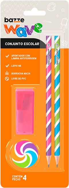 Kit Escolar Bazze Wave + Apontador + Borracha Sm