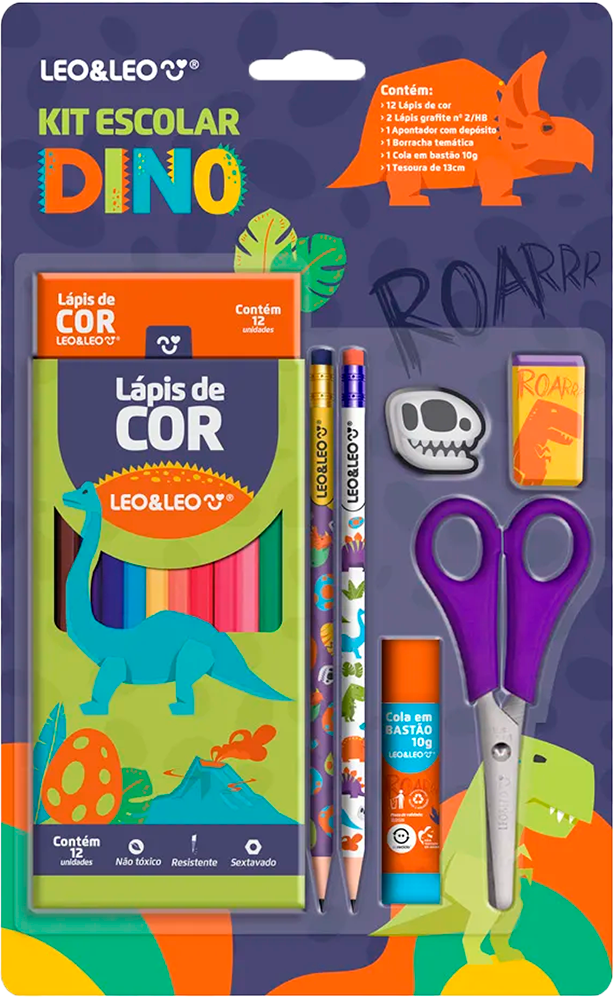 Lapis De Cor Leoleo Dino 12 Cores + Kit Escolar Com Tesoura