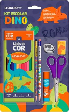 Lapis De Cor Leoleo Dino 12 Cores + Kit Escolar Com Tesoura