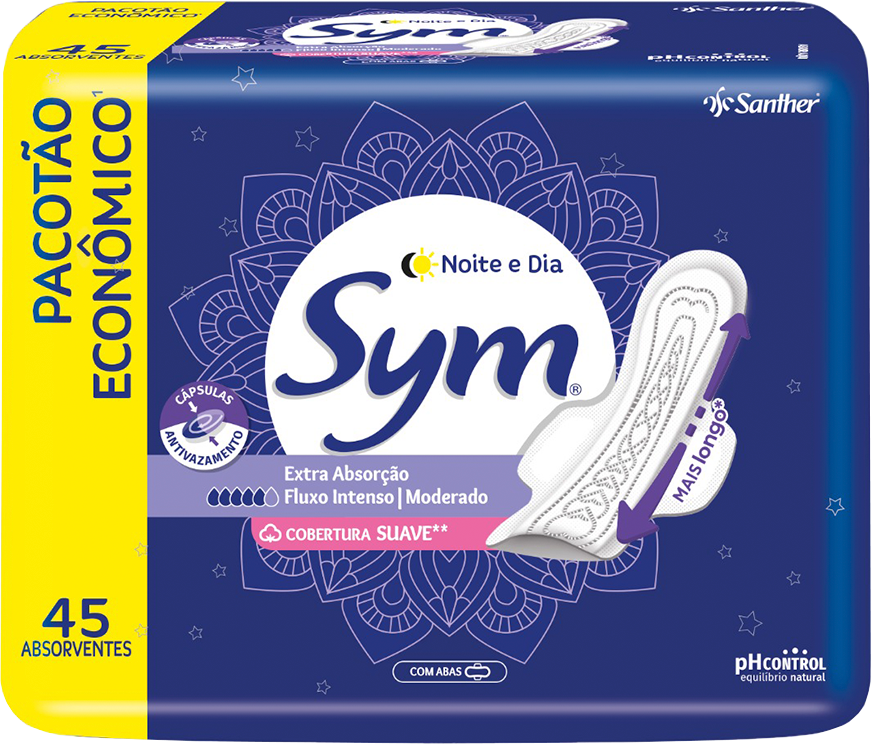 Absorvente Sym Suave Noite E Dia Com Abas 45un