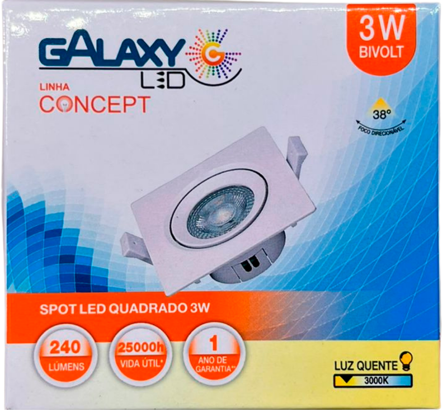 Luminaria Galaxy Led Para Embutir 3w 3000k Quadrada Bivolt
